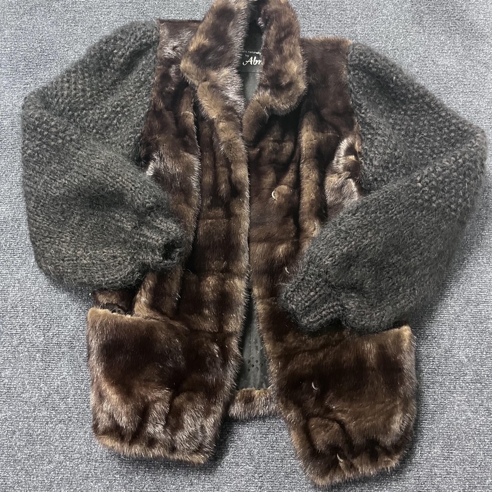 Abravanel Fur‎ Jacket Womens Medium Brown Knit Sleeves Gray Satin Lined Coat
